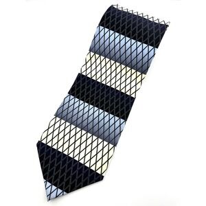 BERGAMO NY Handmade Pure Silk Black Blue & Pale Yellow Wide Striped Neck Tie VTG